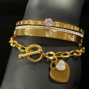 Spring Love Bangle Bracelet Stack W/Charm Bracelet Stainless Steel Gold NWOT